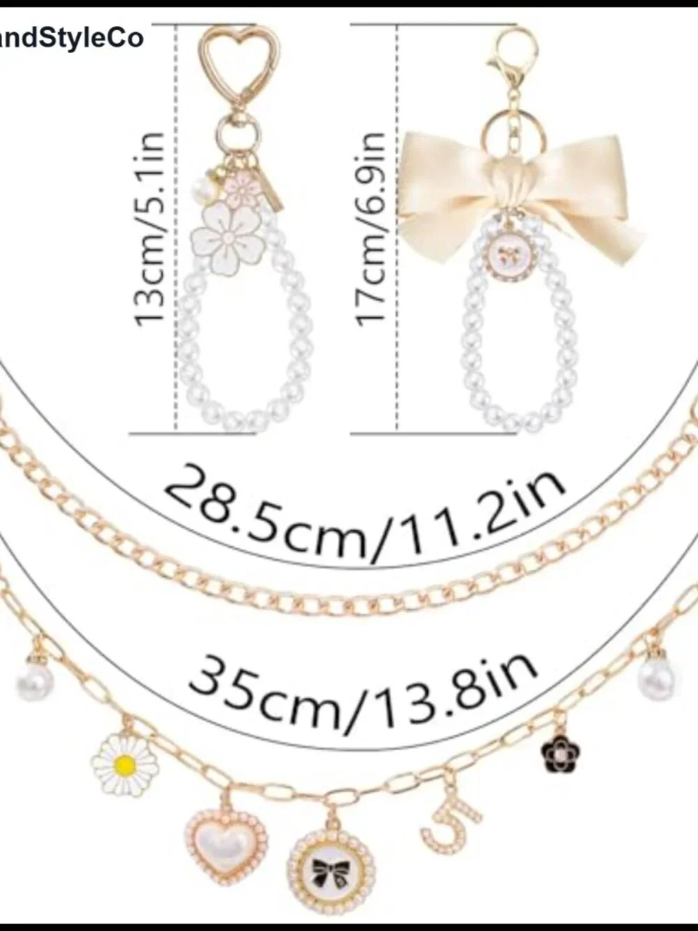 4 in 1 Pearl Bag Charm Set with Gold Chain, Bow, Keychain